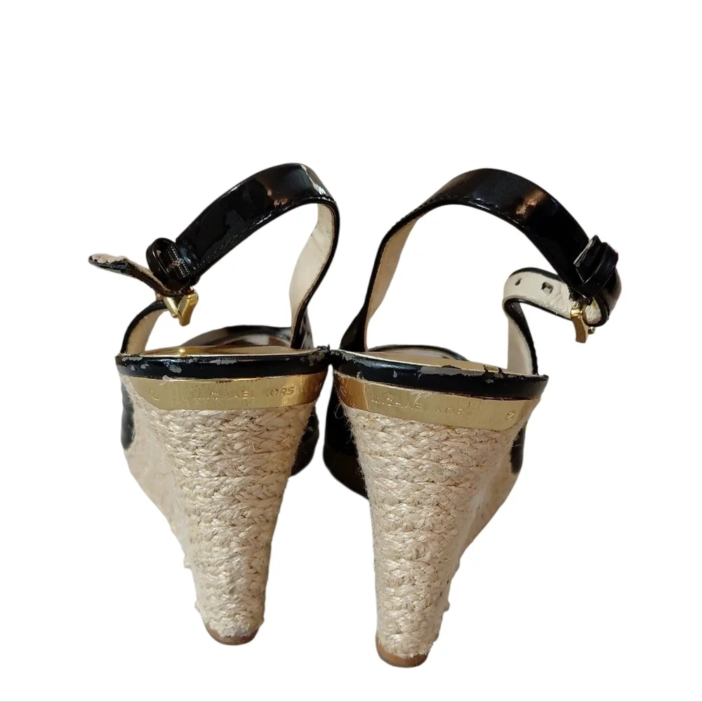Michael Kors Keenan Black Patent Leather Peep Toe Espadrille Wedges Size 8